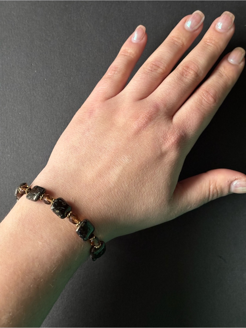 Artisan Lampwork Glass Bracelet | Earth Tone Toggle Crystal Beads - Picture 2 of 7